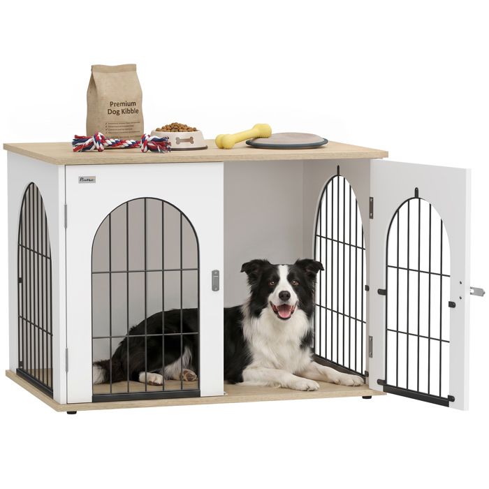 Cage pour chien - meuble cage chien intérieur - PawHut - arche avec double porte comme table dappoint - métal - 80x56x59cm - blanc