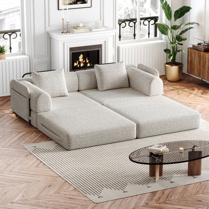 MEULVA Canapé convertible 2 places 2-en-1 en chenille kaki accoudoir avec rangement modulable