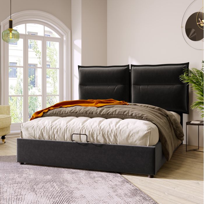 WOVREO Lit coffre 140x200 cm en velours noir avec tête de lit réglable et ouverture hydraulique