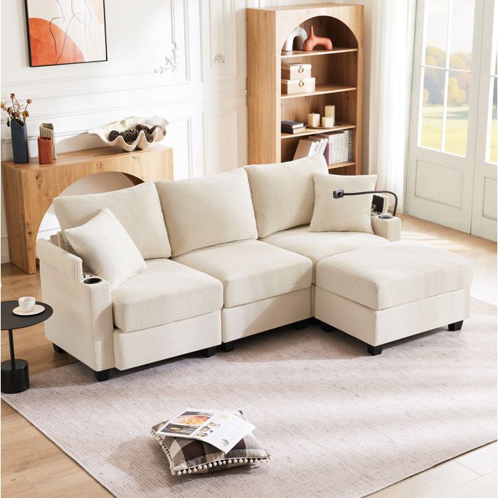 Canapé dangle réversible convertible 3-4 places beige en velours côtelé avec pouf USB rangement et 2 coussins ORVRYN