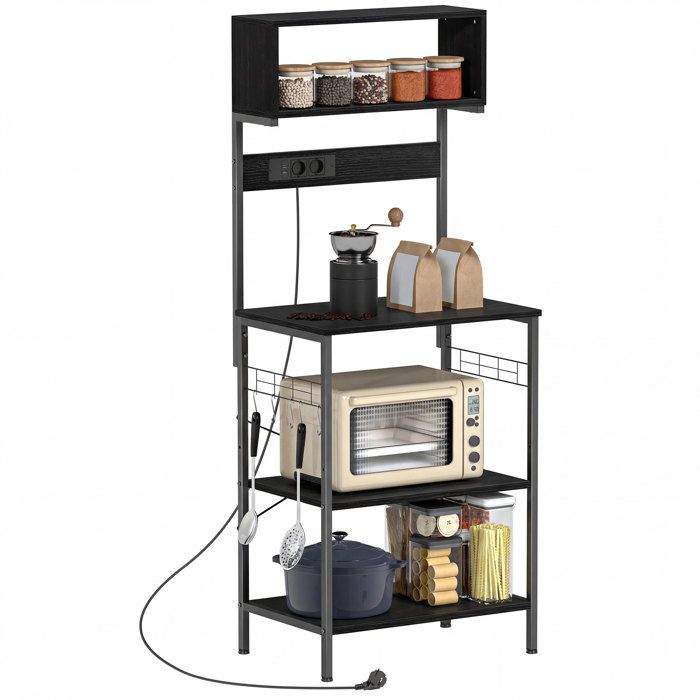 Bibliothèque - MINIMAL - Industrielle - 2 prises & 2 ports USB - Étagères et crochets - Noir 60x42x153 cm