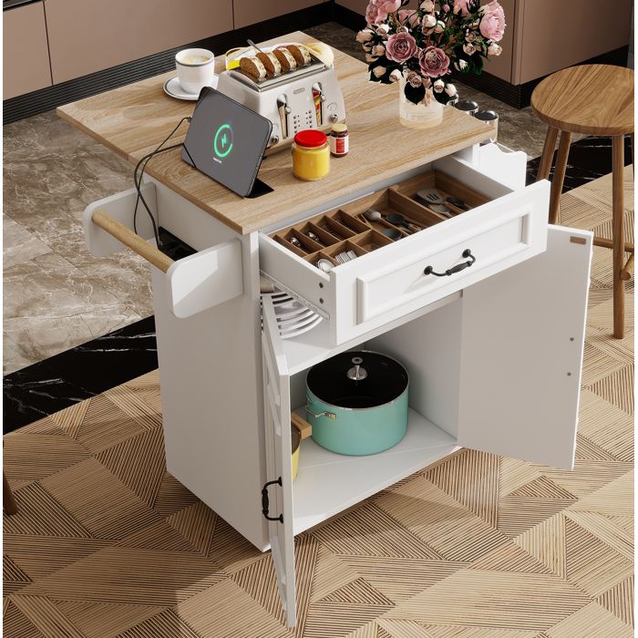 ROVRYN Ilot central de cuisine sur roulettes 66 x 40/60 x 90 cm plateau rabattable MDF blanc