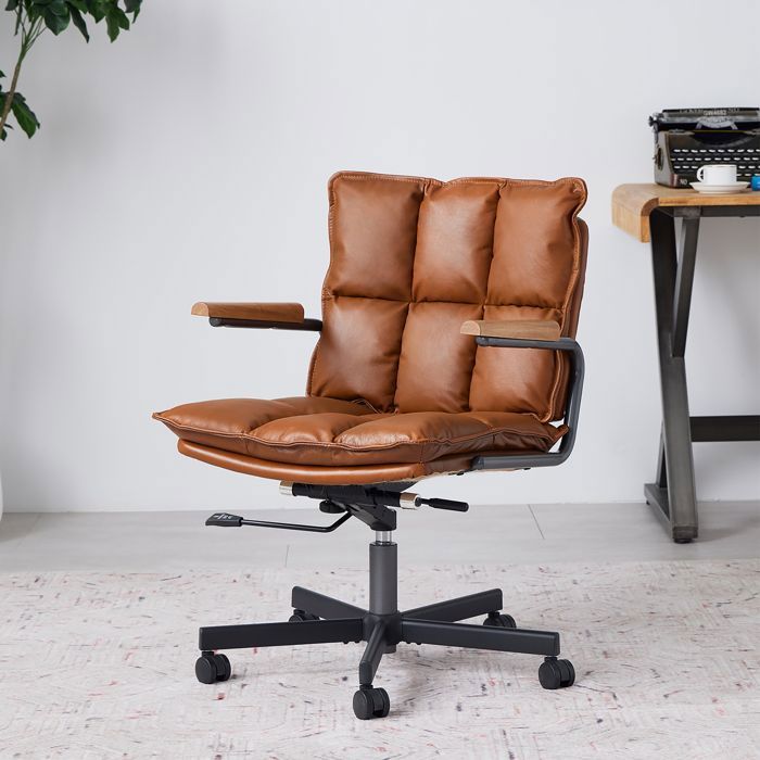 Chaise de Bureau en Similicuir Brun avec Roulettes et Accoudoirs en Chêne - Chaise de gaming avec Siège Capitonné - Stable et Chic