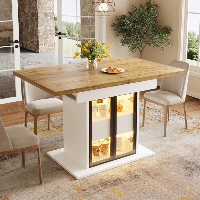 Table à manger extensible 110-140x80x77 9 cm LED RGB via application 2 tiroirs portes coulissantes en verre MDF blanc
