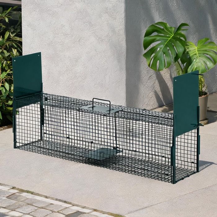 Piège cage en métal finition verte 100 x 25 x 28 cm à double entrée pour capture vivante de rongeurs