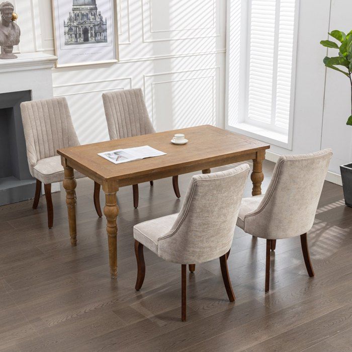 Chaises capitonnées pour salle à manger et cuisine tissu rayonne effet lin flocké pieds bois massif incurvés lot de 2