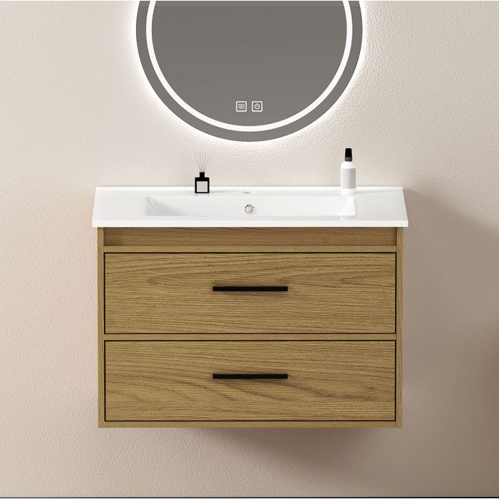 MEUBLIV Meuble vasque salle de bain 75 cm chêne clair 2 tiroirs vasque céramique meuble suspendu