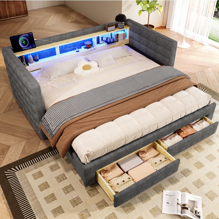 Lit combiné 90 x 190 cm en velours gris avec LED USB Type-C 2 tiroirs et rangements