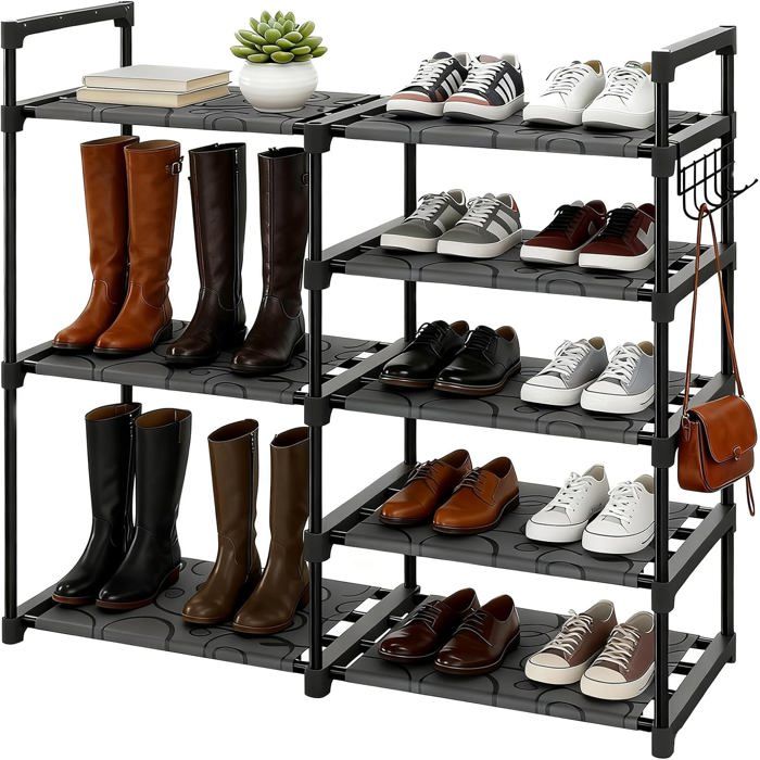 Étagère à chaussures 5 niveaux empilable tube métal noir tissu Oxford 84 cm rangement vertical gain de place
