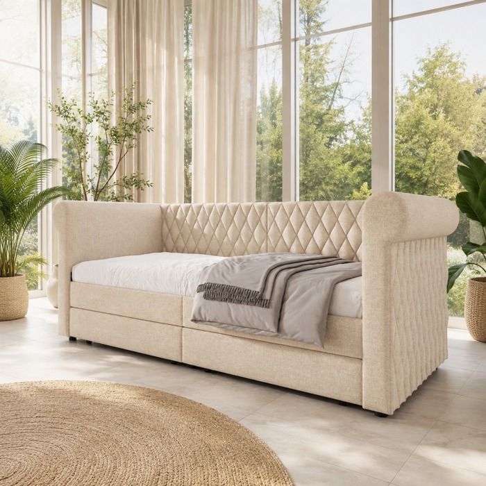 Lit banquette - ZEVKOR - 1 place 90×200 - 2 tiroirs - tête de lit capitonnée - tissu lin beige
