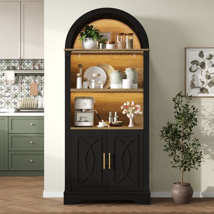 Buffet Haut Noir - 180 cm - avec LED 3 Niches Ouvertes 2 Portes Étagère Réglable - Meuble Bar à Café Buffet Haut Noir - 180 cm - avec LED 3 Niches Ouvertes 2 Portes Étagère Réglable - Meuble Bar à Café