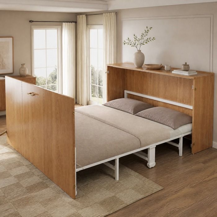 Lit escamotable 140 x 200 cm avec matelas inclus structure métallique roulettes silencieuses finition bois VEVXYN