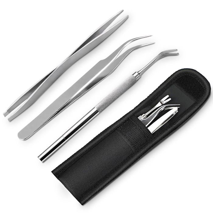 Set de 3 tire-tiques en acier inoxydable - pince et crochet anti-tiques pour chien chat et humain pochette de rangement incluse
