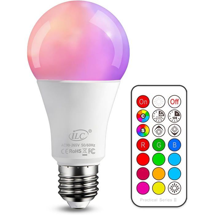 Ampoule LED E27 RGB 900lm 6000K 12 Couleurs Télécommande Minuterie 230V
