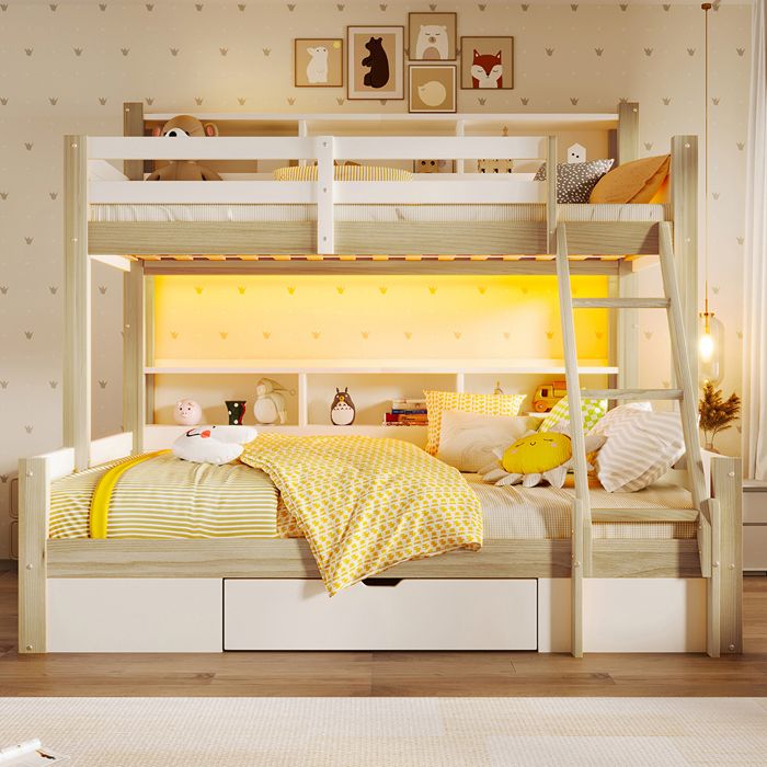 Lit superposé enfant - CRESTA - 90x200 + 140x200 - LED intégré - 1 tiroir & rangements - Bois massif Lit superposé enfant - CRESTA - 90x200 + 140x200 - LED intégré - 1 tiroir & rangements - Bois massif