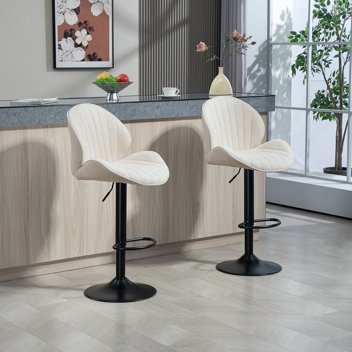 Lot de 2 tabourets de bar forme de coquillage dossier hauteur réglable et repose-pieds cadre en acier beige