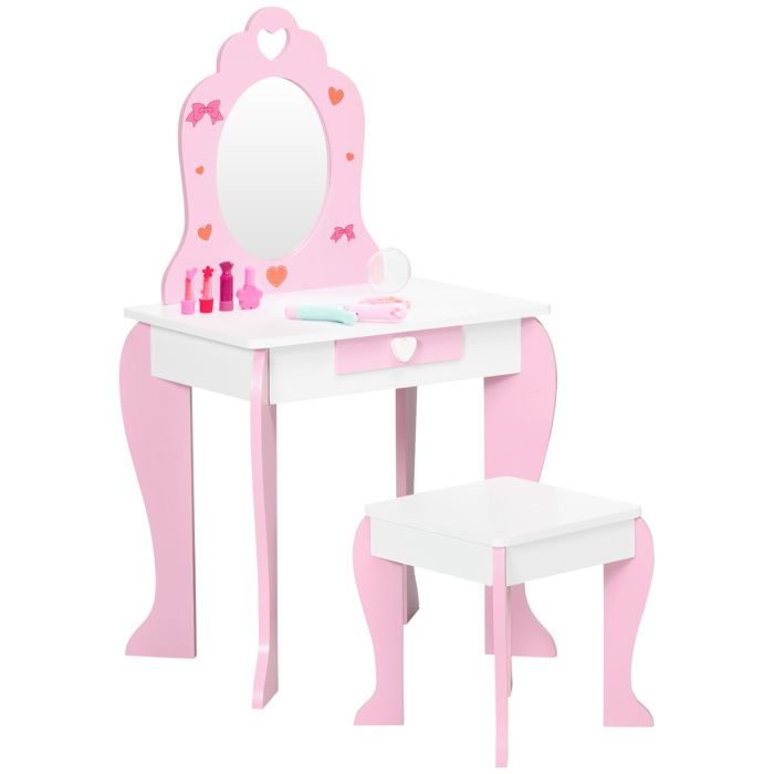 VVBV Coiffeuse Enfant avec Miroir Tabouret Tiroir Table de Maquillage Fille 3-6 Ans MDF Rose