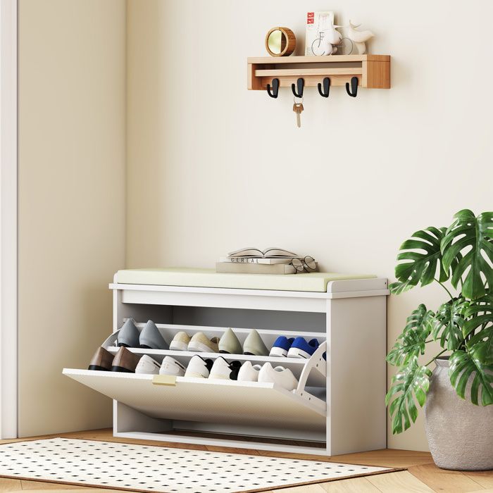 Meuble à chaussures banc 8 paires avec coussin dassise et 2 tiroirs rabattables 80 x 26 x 47 5 cm blanc