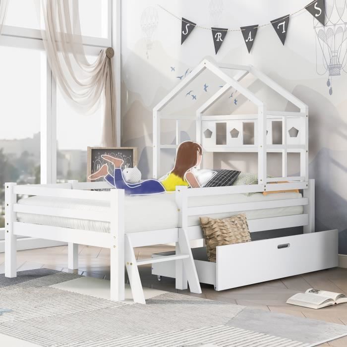 lit familial lit d'enfant avec échelle et tiroir, lit de grenier avec protection contre les chutes,90x200cm blanc (sans matelas)