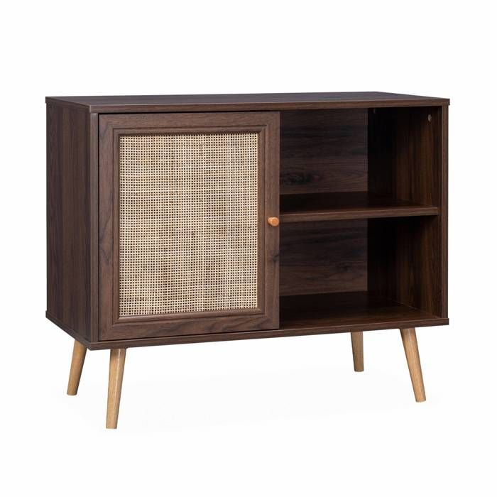 Meuble de rangement en cannage 80x39x65.8cm Bohème - couleur bois foncé - 2 niveaux - 1 porte - pieds scandinaves. buffet bas Meuble de rangement en cannage 80x39x65.8cm Bohème - couleur bois foncé - 2 niveaux - 1 porte - pieds scandinaves. buffet bas