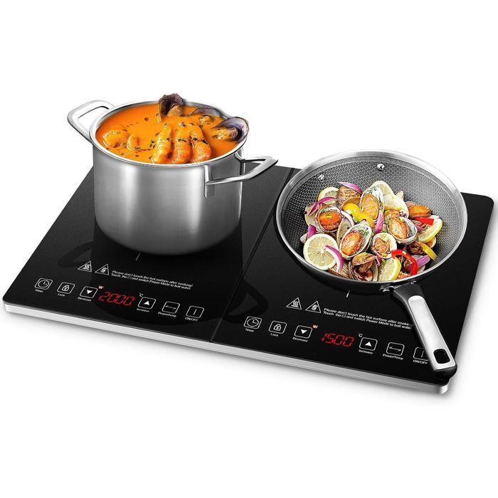 AMZCHEF Plaque &agrave; Induction 2 foyers  3500W 20 Niveaux de Puissance Minuterie de 3 Heures 