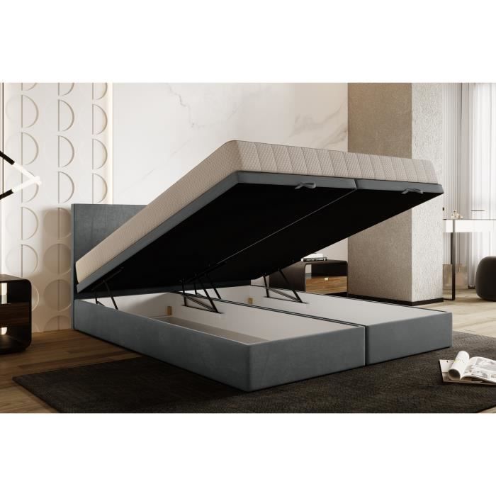 Lit adulte 140x200 cm SIESTA - rembourré avec rangement et matelas ressorts ensachés – tissu velours - gris clair Lit adulte 140x200 cm SIESTA - rembourré avec rangement et matelas ressorts ensachés – tissu velours - gris clair