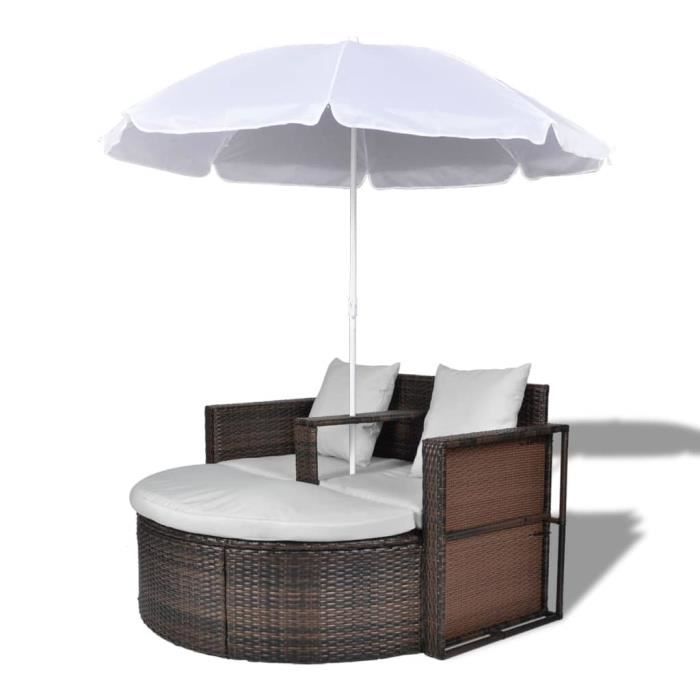 Chaise longue bain de soleil Lit de jardin avec parasol Marron Résine tressée-MEE