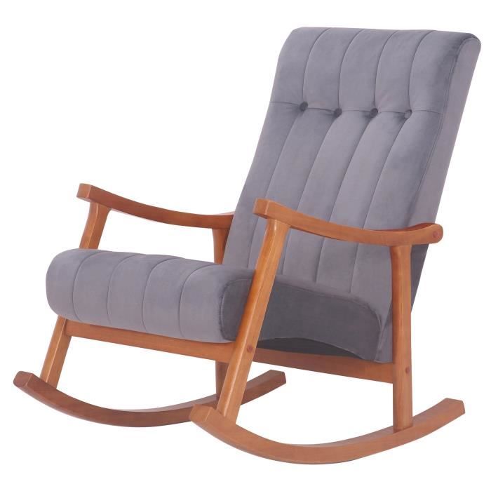 fauteuil à bascule en velours gris avec boutons decoratifs piètement en bois couleur noyer