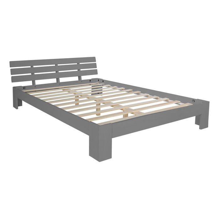Lit double 2 personnes pour adulte avec sommier a lattes en bois gris 160x 200 cm LIT06210