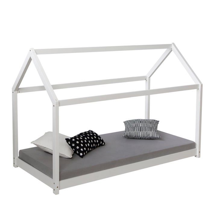 Lit cabane pour enfant en forme de maison en bois blanc avec sommier a lattes 80x160 cm LIT06198 Lit cabane pour enfant en forme de maison en bois blanc avec sommier a lattes 80x160 cm LIT06198