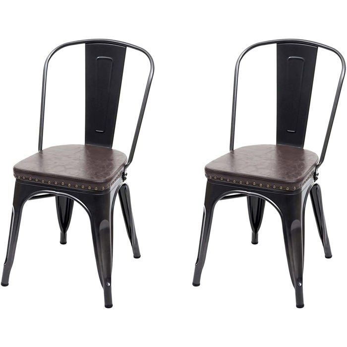 2x chaises de salle a manger cuisine style industriel metal noir et synthetique marron CDS04457