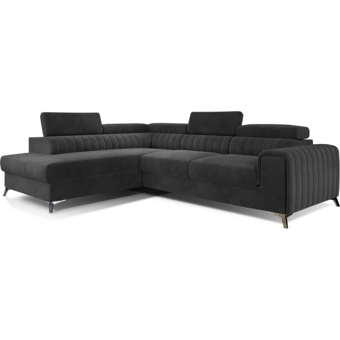 Canapé dangle convertible - LARRY VELOURS - en tissu Luxe gris foncé 5 places angle gauche (vu de face)