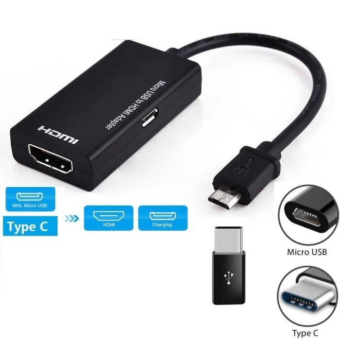 Type C & Micro USB mâle vers HDMI femelle Câble adaptateur pour