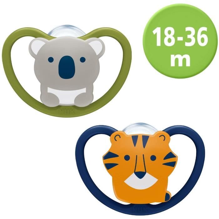 Sucettes NUK Space sucette, 18-36 mois, silicone, koala et tigre, lot de 2  882 - Cdiscount Puériculture & Eveil bébé