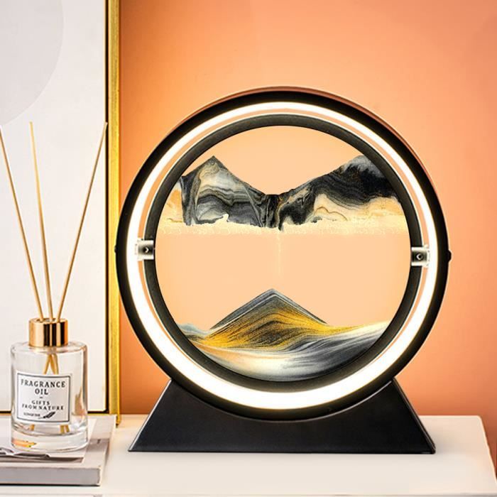 Noir avec Lampe - 12 pouces - Sablier 3D en verre rond imageart en mouvement paysage de la mer profonde a
