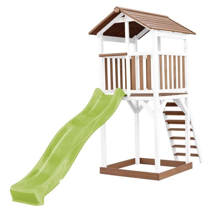 AXI Beach Tower Aire de Jeux avec Toboggan en vert clair & Bac à Sable | Grande Maison enfant extérieur en marron & blanc