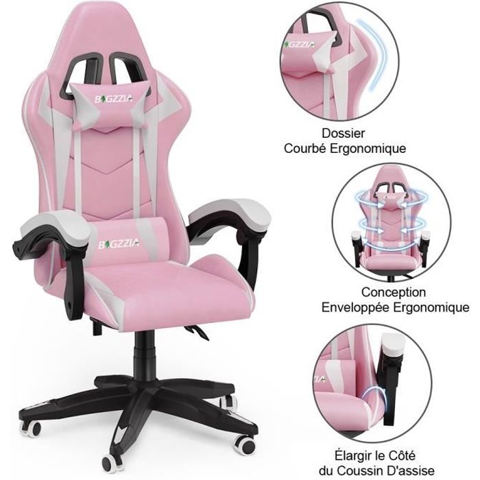 BIGZZIA Fauteuil Gamer - Chaise Gaming - Siège gamer Design ergonomique - avec coussin et dossier inclinable - Rose et Blanc