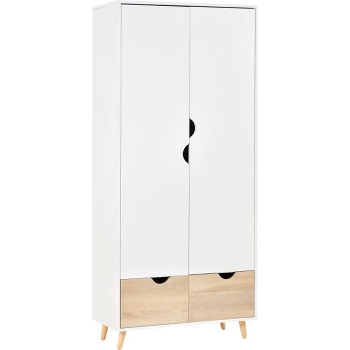 homcom armoire de rangement design scandinave armoire de chambre placard 2 portes avec penderie et étagère 2 tiroirs coulissants