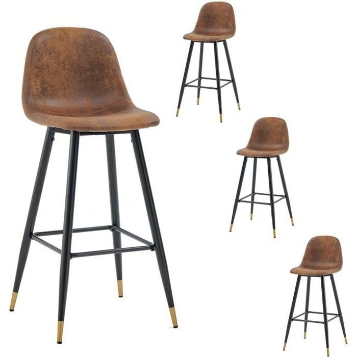 meubles cosy lot de 4 chaises de bar hautes,siège en tissu en daim marron,pieds en métal noir et or,style vintage