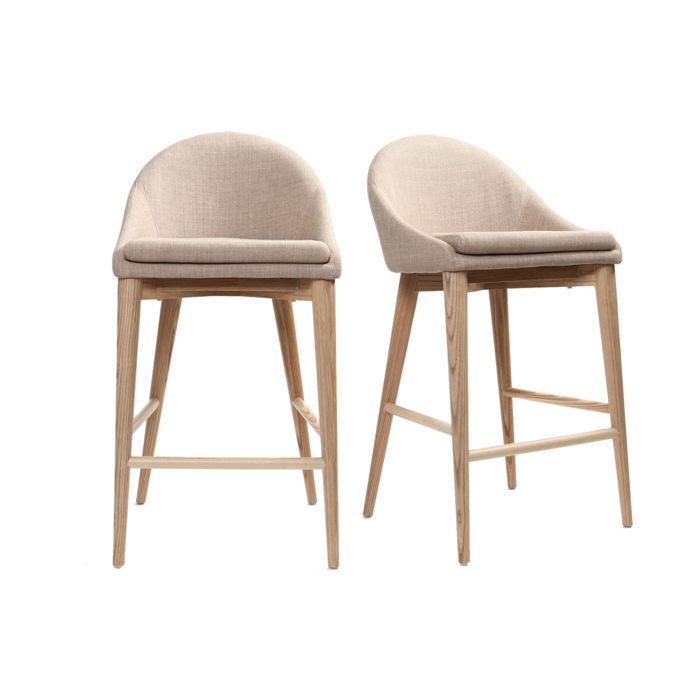 Miliboo - Tabourets de bar scandinaves en tissu beige et frêne massif H66.5 cm (lot de 2) DALIA