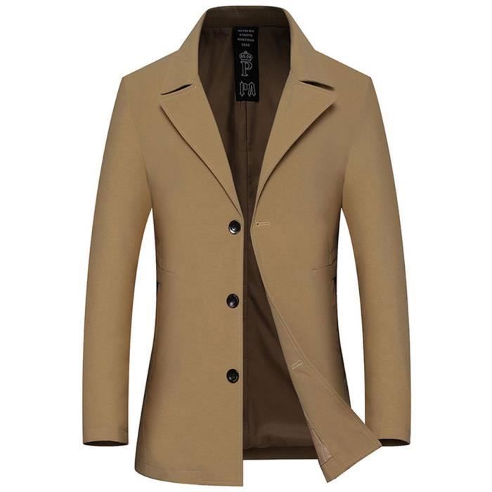 Manteau Homme Printemps Trench Coat Slim Fit Mi Longue Veste Couleur Unie