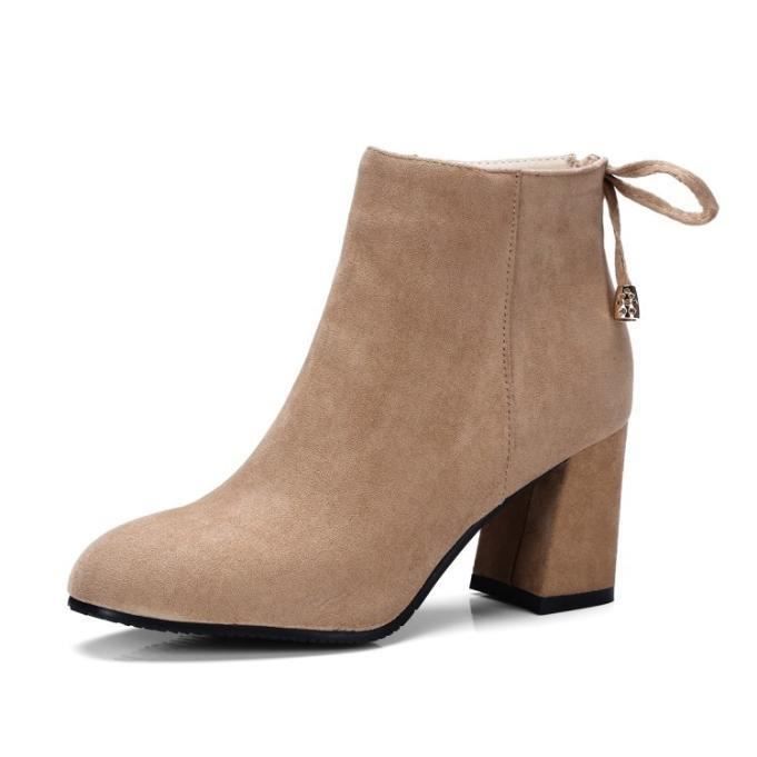 Bottines Femme à Talon Carré 5 Cm - Daim Imitation - Confortables Et Tendance - Fermeture Éclair