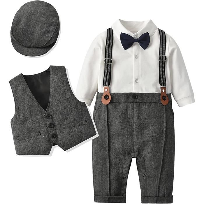 bebe gentleman costume,garcon ensemble de bébé vêtements,avec béret et gilet,pour baptême,mariage,fête,dîner(brun)3-6mois