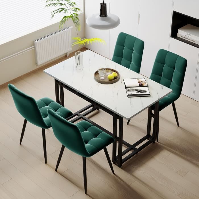 table à manger blanc 120 x 70 cm avec 4 chaises en velours vert foncé, table à pieds en fer noir
