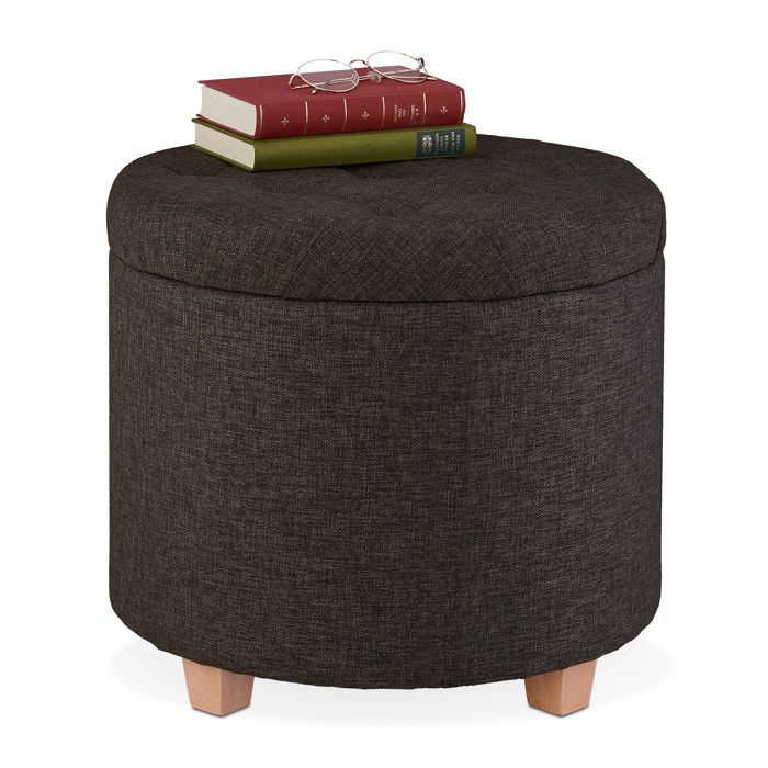 Relaxdays Pouf de rangement tabouret rembourré rond pour salon optique lin repose-pieds HxD 41 x 44 cm brun