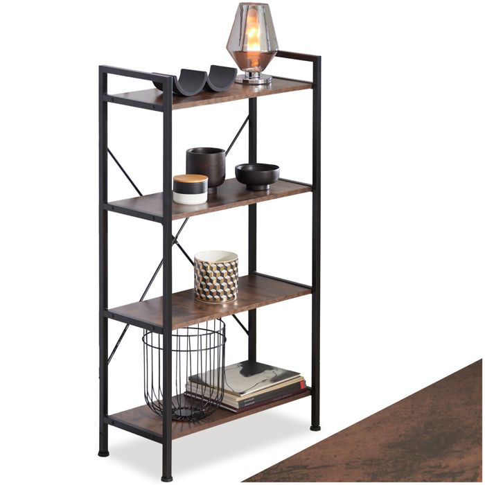 Étagère - TECTAKE - Étagère LEEDS avec 4 étages en bois MDF au style industriel 675 x 315 x 1215 cm - Bois foncé