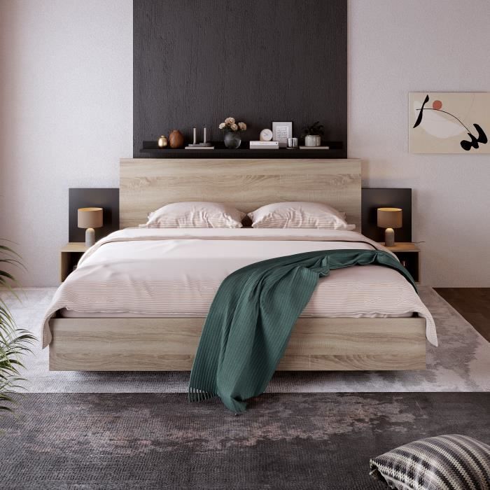 Lit double en bois avec une enceinte de lit de 160 x 200 cm et 2 tables de chevet, dans une finition en chêne sonoma-gris