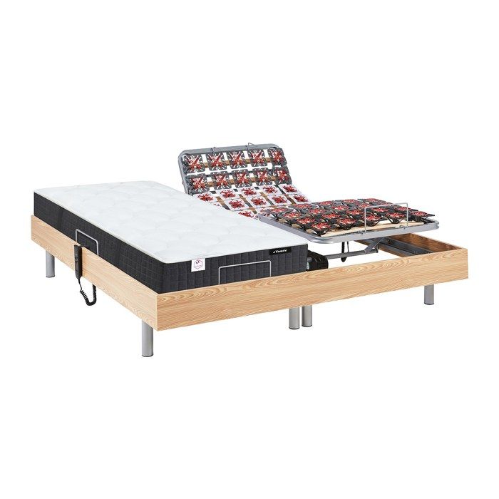 Lit électrique de relaxation tout plots + matelas ressorts ensachés et mémoire forme - 2 x 80 x 200 cm - Chêne - PHANES de YSMÉE