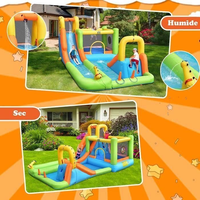 GOPLUS Château Gonflable 378x380x227 Cm – Toboggan, Mur Escalade, Canon à Eau, Basket, Foot, Piscine à Balles – Pour Enfants 3-12 Ans – Charge 90 Kg (Sans Souffleur)