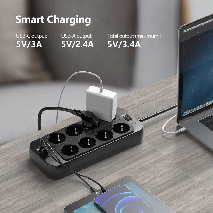 Multiprise Parafoudre 8 Prises + 4 Ports USB – Auoplus SD820-U – 1050 J